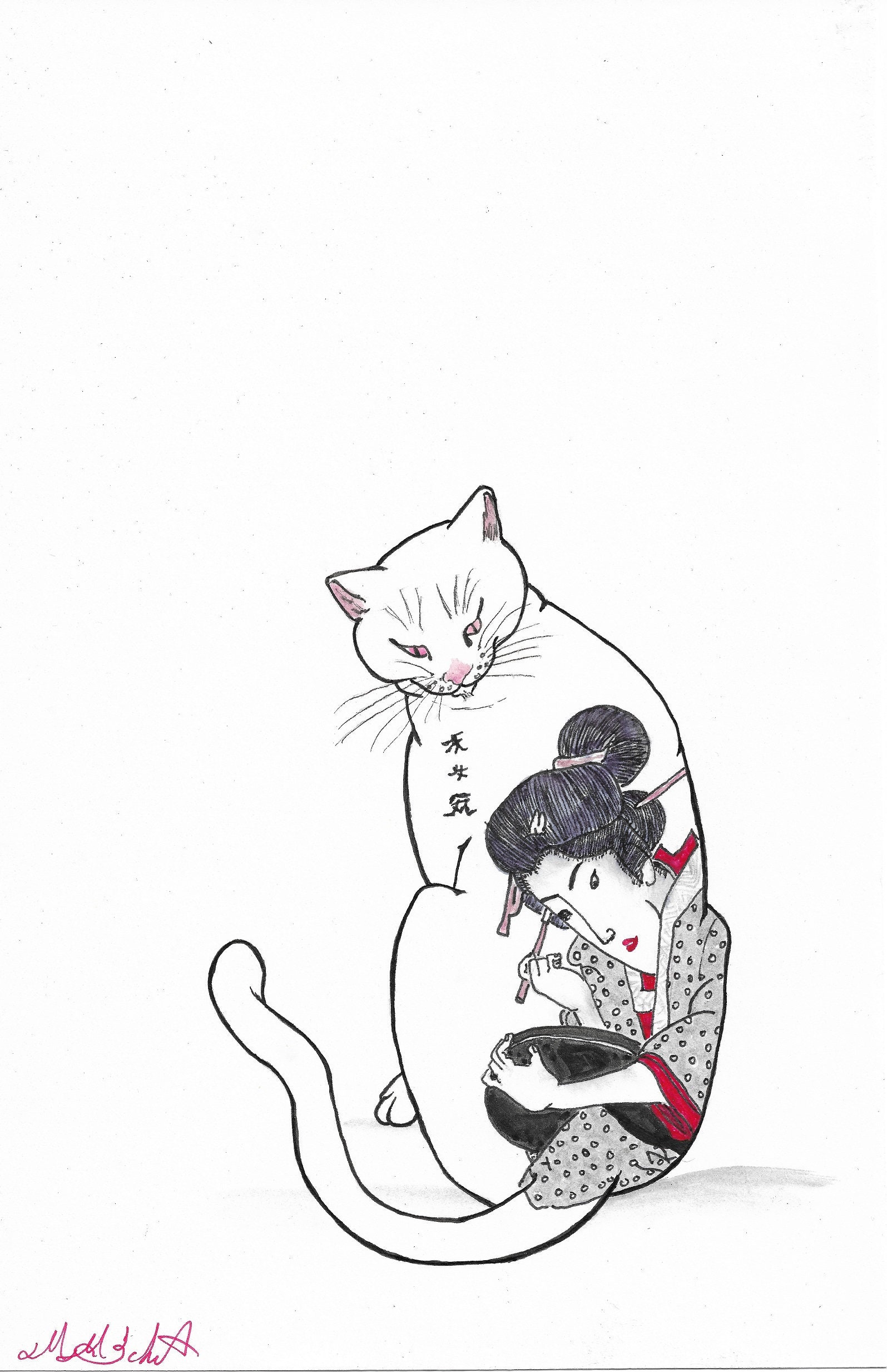 Edo Artist Mon Mon Cat Ink Drawing Etsy