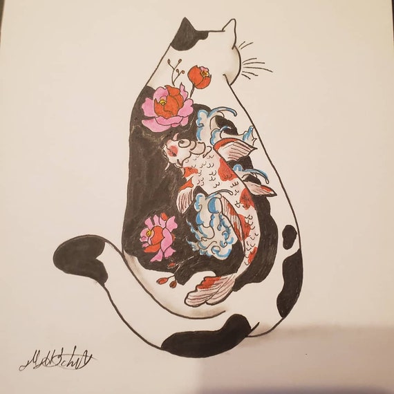 Mon Mon Cat Koi And Peony Design Etsy