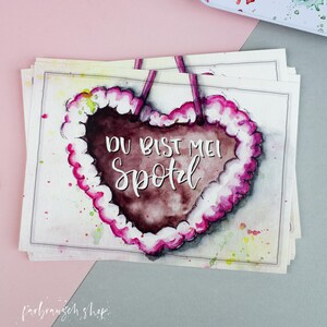 Aquarell Postkarte mit bayrischem Spruch und Lebkuchenherz | Du bist mei Spotzl | handgemalte Liebeserklärung