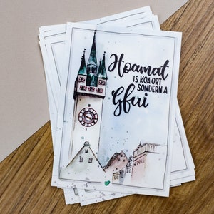 Stadtturm Straubing Aquarell Postkarte | Heimat ist kein Ort sondern ein Gefühl | bayerischer Spruch | Hoamat is koa Ort sondern a Gfui