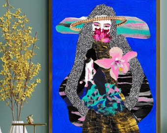 Blue Lady with Mask Mixed Media Collage Print | Bold Feminine Portrait Wall Art | Afro-Futurist Floral Artwork | Modern Abstract Deco