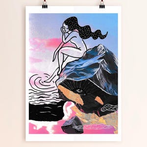 Stampa artistica con tecnica mista "Ragazza sulla roccia" / Arte murale femminile surreale / Illustrazione di paesaggio astratto sognante / Decorazione boho moderna