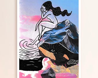 Girl on the Rock Mixed Media Art Print | Surreal Feminine Wall Art | Dreamy Abstract Landscape Illustration | Modern Boho Decor