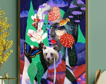 Paradise Melancholy Mixed Media Collage Print | Whimsical Nature Dreamscape Wall Art | Animal & Floral Surrealism | Fantasy Inspired Decor