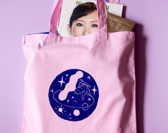 Illustrated rose pink tote bag -  handmade one of a kind design / Illustrierte Tragetasche  - handgefertigtes Unikat
