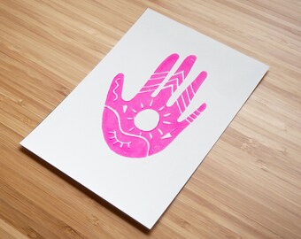 Neon pink hand protector – handmade linocut art print A5 / Neon-Pink Linolschnitt Kunstdruck A5