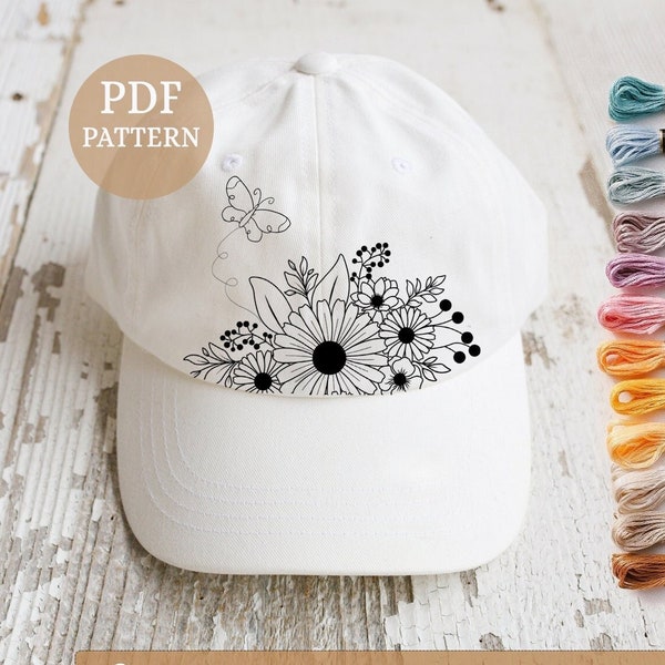 DIY Hat Embroidery, Cap embroidery, cross stitch, Needlepoint DIY Craft, Embroider your own Vintage Cap, Corduroy Cap Hat, Floral Embroidery