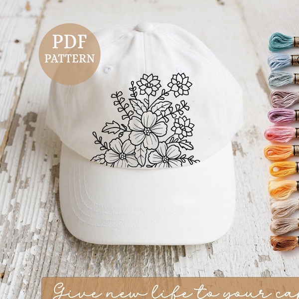 Floral Embroidery Pattern, Baseball Cap, Hat Embroidery pattern, Embroider your own Vintage Denim/Cord Cap, Corduroy Cap Hat, Sewing pattern