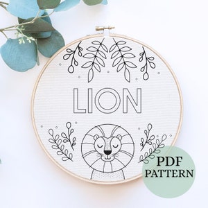 Lion Hand Embroidery PDF Pattern, Safari Animal Design, Digital Download, Simple Easy Whimsical, Animal Embroidery for Nursery, Home Decor