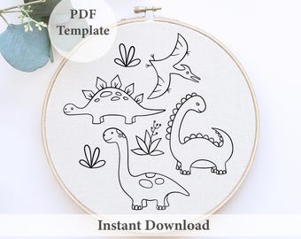 Dinosaurs Hand Embroidery Patterns, dino pattern, hand embroidery, printable pattern, dinosaur embroidery, needlework, cute dinosaurs