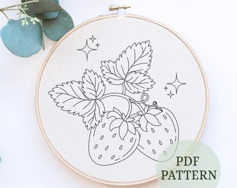 Patrón de bordado de fresas, bonita decoración de cocina de verano (patrón PDF)