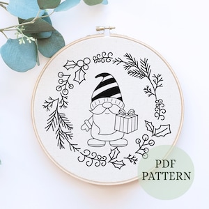 Gnome Embroidery Pattern, Hand Embroidery for Beginners, Instant Download, DIY Holiday Decor, Scandinavian Gnome Design, Christmas Stitching
