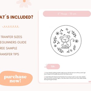 K&ouml;nnte beinhalten: Eine Schwarzwei&szlig;-Zeichnung eines Affen mit Blumen und Bl&auml;ttern drumherum. Das Bild ist auf wei&szlig;em Hintergrund mit rosa Rand. Der Text "5" Hoop - 15 cm" befindet sich oben im Bild. Der Text "WHAT'S INCLUDED?" befindet sich oben links im Bild. Der Text "purchase now!" befindet sich unten links im Bild. Der Text "TIP:" befindet sich unten rechts im Bild. Der Text unter "TIP:" enth&auml;lt Anweisungen f&uuml;r die Stickerei.