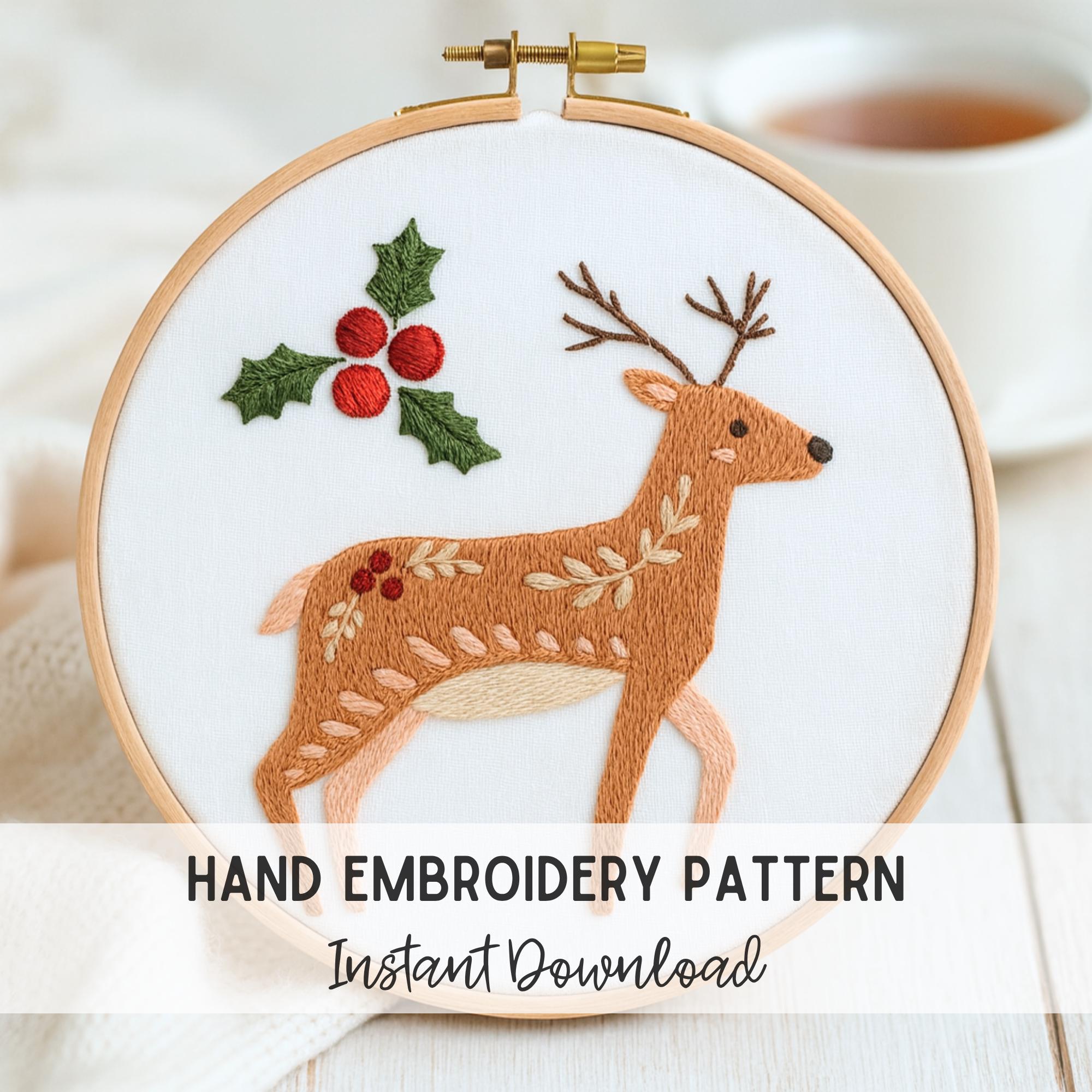 トナカイの刺繍パターン：森のクリスマスフープアート（デジタルPDF