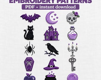 MINI HALLOWEEN Hand Embroidery pattern: 15 Tiny Witch Designs, Cat Pumpkin Cauldron, Cottagecore Set, printable pattern, halloween decor