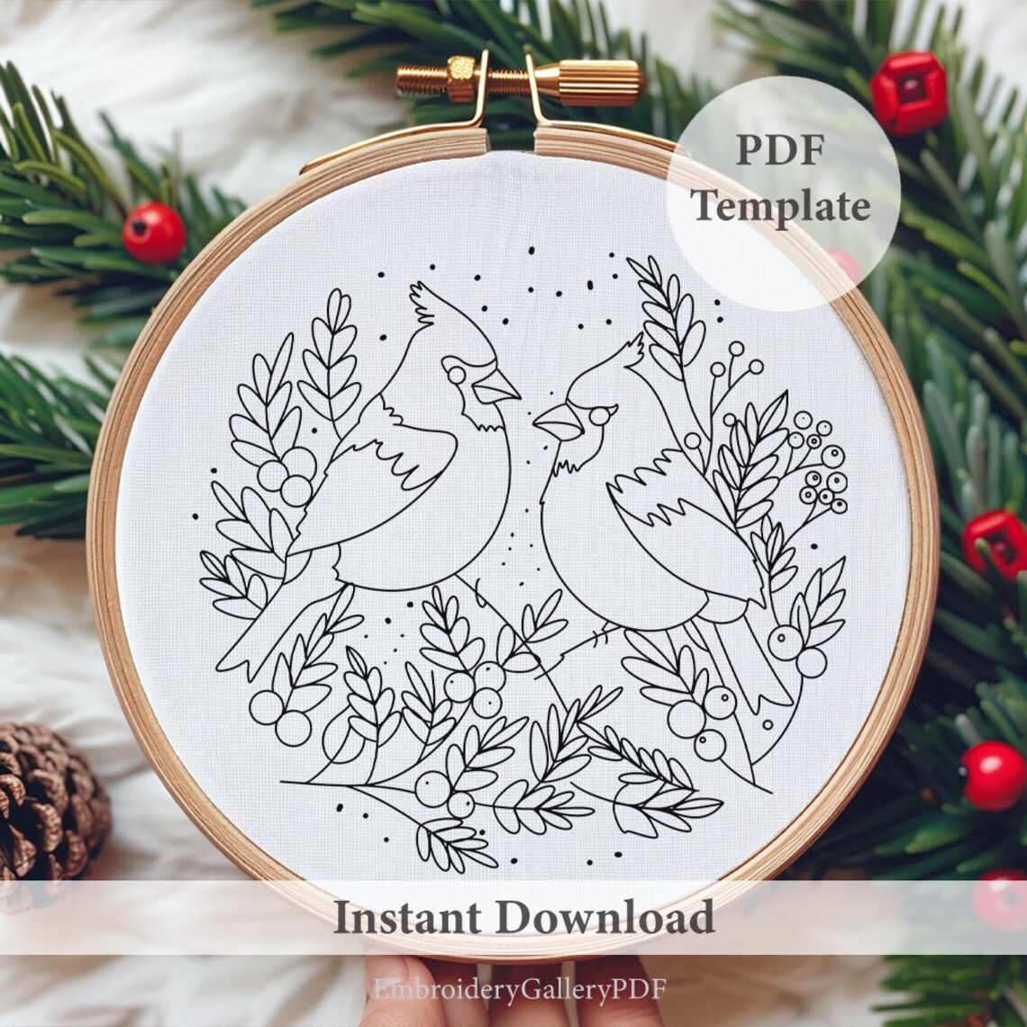 Cardinal Birds Hand Embroidery Pattern: Christmas Decor (PDF Pattern ...