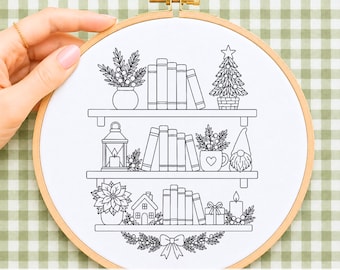 Christmas Bookshelf Embroidery Pattern Winter Hand Embroidery Design Poinsettia Gnome Tree PDF Printable Template Download