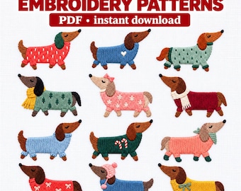 Mini Dachshund Holiday Embroidery Bundle, Seasonal Wiener Dog Pattern, PDF pattern, printable template, pet lovers gift, Hand embroidery