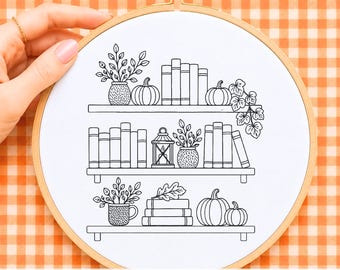 Fall Bookshelf Embroidery Pattern Autumn Hand Embroidery Design Pumpkin Books Plants Cozy Reading Nook PDF Printable Template