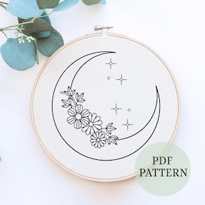 Floral moon pattern, Beginner Embroidery, Modern Crescent Moon, Line Art DIY, PDF Digital Download, shines like the moon, celestial pattern
