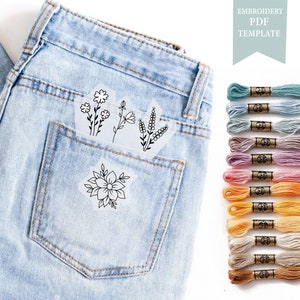 Pocket Embroidery flower, embroidery stitch on Jeans, Embroidery on pocket, Embroidery cloth, Embroidery Pattern, DIY wildflowers embroidery