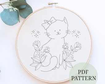 Patrón de bordado fácil de gato, diseño floral (patrón en PDF)