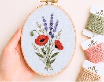Poppy Lavender Embroidery PDF Pattern Digital Download Printable Wildflower Meadow Botanical Needlework Cottage Design Floral Hoop art