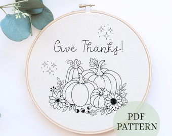 Pumpkin Sunflower Embroidery Pattern, Give thanks embroidery, Autumn Embroidery, Pumpkin Embroidery, Sunflower Embroidery, autumn crafts