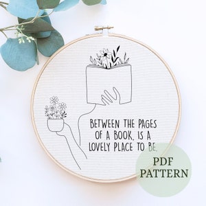 Floral Book Hand Embroidery, PDF Downloadable Pattern, Instant Download, Embroidery Hoop Art, Garden Embroidery Design, Booklover Gifts