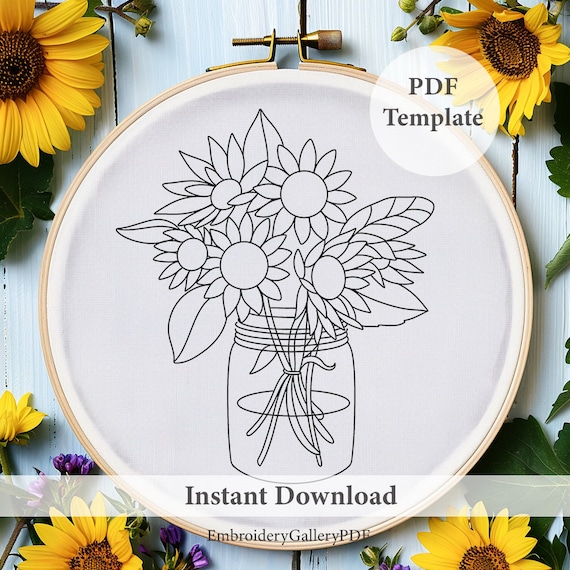ひまわりの瓶の刺繍アート、ひまわりの刺繍、DIY 刺繍、花の刺繍