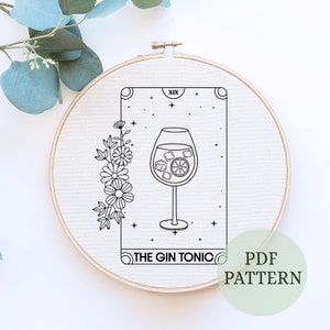 Gin and Tonic modello digitale, ricamo a mano, arte del telaio, download del modello PDF, ricamo da cocktail, ricamo dei tarocchi, modello da ricamo