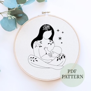 Hand embroidery breastfeeding line art, floral embroidery hoop, Breastfeeding Hand Embroidery pattern, PDF Pattern, Floral Digital download