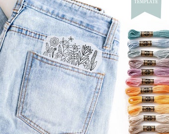 May include: Light blue denim jeans with a floral embroidery pattern in the back pocket. The image also shows a variety of colorful embroidery floss skeins and the text "EMBROIDERY PDF TEMPLATE".