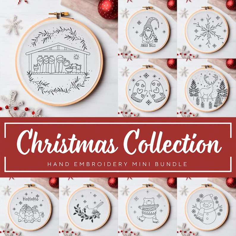 以下が含まれることがあります： 白黒のクリスマス刺繍パターン8点セット。パターンには、キリスト降誕の場面、ノーム、ミトン、トナカイ、雪だるま、クマ、鳥、ペンギンが含まれています。パターンは、家の装飾に祝祭感をプラスするのに最適です。