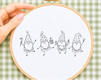 Christmas Gnome Embroidery Pattern Hand Embroidery Design Dancing Gnomes Candy Cane Winter PDF Printable Template Download