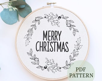 Christmas hand embroidery pattern, Merry Christmas wreath, embroidery hoop art, Christmas Hand Embroidery Hoop Pattern, pdf instant download