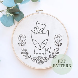 Fox family, Cute fox Embroidery Pattern, Nursery Embroidery Pattern, Animal Embroidery, Fox Flower Hand Embroidery Pattern, Embroidery PDF