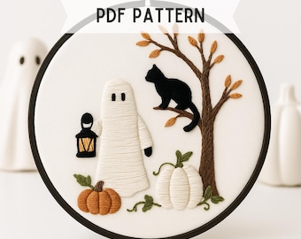 Ghost Embroidery Pattern, Halloween Spooky Scene, Autumn Decor (PDF Pattern)