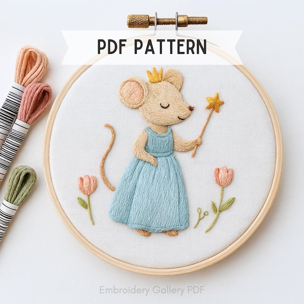 Fairy Mouse Embroidery PDF Pattern, Princess Animal Hoop Design (Digital Download)