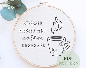 Patrón de bordado de café, diseño floral, puntada a mano para principiantes (patrón en PDF)
