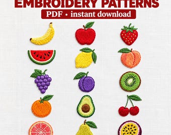 15 Tiny Fruits hand embroidery pattern, pdf pattern, printable template, Modern Mini Summer Berries, Digital Design, Hand Embroidery File