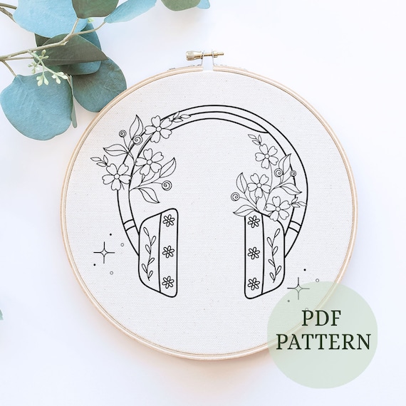 Floral Headphones Embroidery Template, Music Embroidery Design