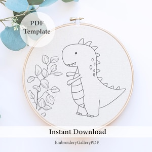 May include: A black and white line drawing of a dinosaur with a plant on a white background. The image is in a wooden embroidery hoop. The text "PDF Template" is in the top left corner of the image. The text "Instant Download" is in the bottom center of the image. The text "EmbroideryGalleryPDF" is in the bottom center of the image.