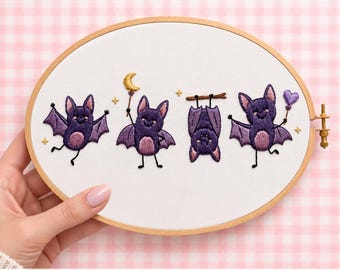 Cute Bats Embroidery Pattern PDF Digital Download Halloween Purple Bat Squad Beginner Friendly Hoop Art Wall Decor Nursery Kids Room Designs
