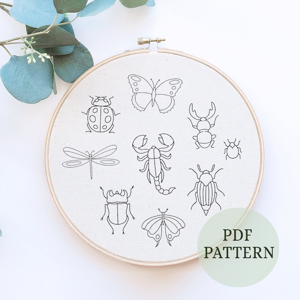 Insects Embroidery Pattern, Butterfly Design, Bee Embroidery PDF, Dragonfly Needlepoint, Ornamental Beetle, Moth Embroidery,  DIY kids craft