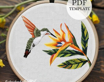 Bird of Paradise Embroidery Pattern, Digital Hand Embroidery, Beginner crafts, Botanical Flower, Tropical Thread Painting, Hummingbird art