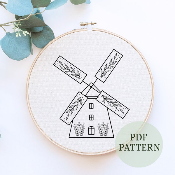 Hand embroidery, Wind Mill embroidery Pattern, Printable PDF , Instant Download, Wind Mill Silhouette embroidery, needle crafts floral mill