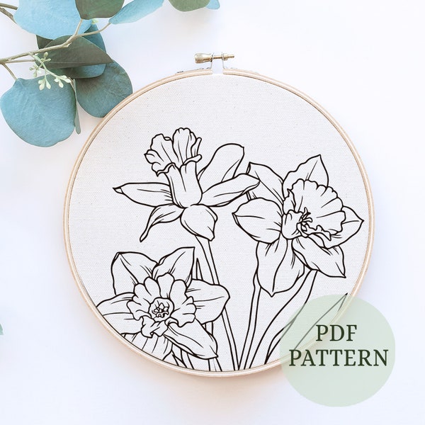 Spring flowers, daffodil embroidery pattern, Daffodil with shadow PDF, embroidery pattern ,Perfect gift modern flowers, pattern in 6 sizes