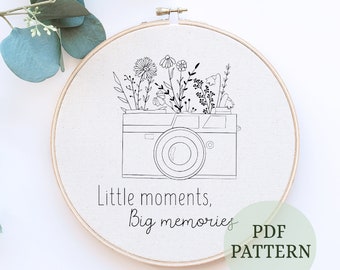 Camera Embroidery Pattern: Floral Design, Beginner friendly, DIY project (PDF Pattern)