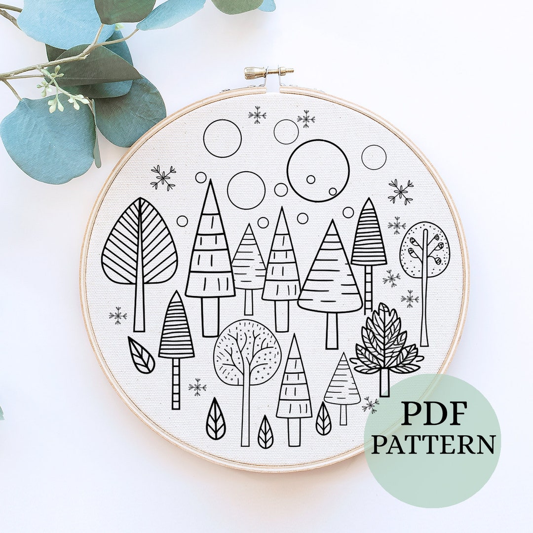 Winter Woodland Embroidery Pattern: DIY Forest Scene (PDF Download) - Etsy - Houses Temper Date Woodland Embroidery Course